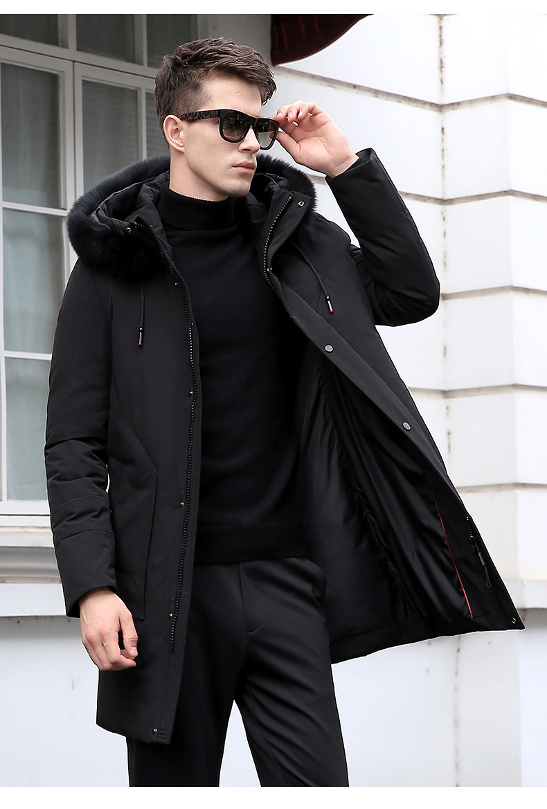 大红鹰男士中长款连帽羽绒服90绒纯色休闲外套9612·黑色